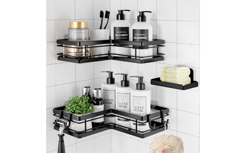 Wall Mounted 3 Piece Set Corner Shower Shelves with Hooks Metal Organizer for Bathroom
