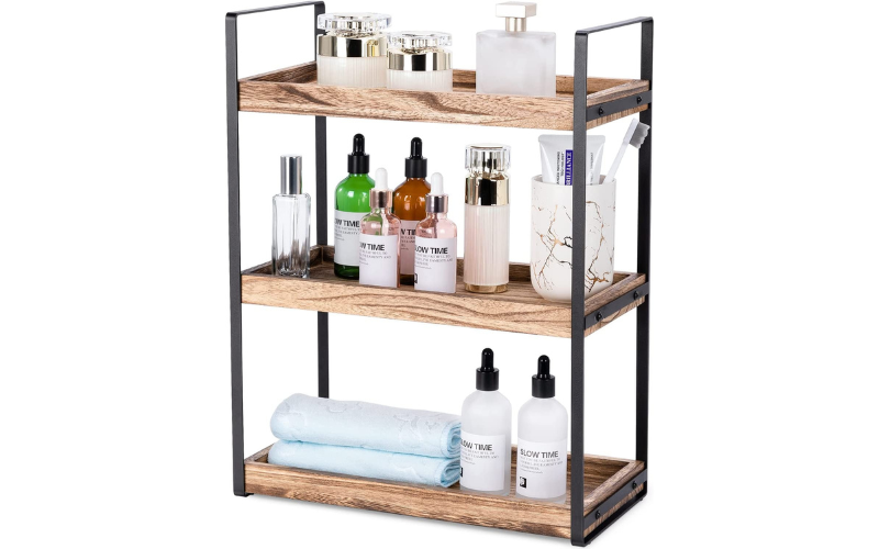 Vintage Wood 3-Tier Countertop Storage Rack Free Standing Organizer for Home Use Bathroom