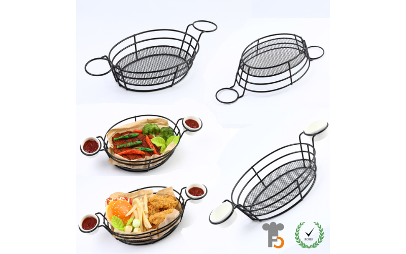 High Quality Wire Steel Egg-Shape Black Bread Basket French Fry Holder With Double Sauce Bowl