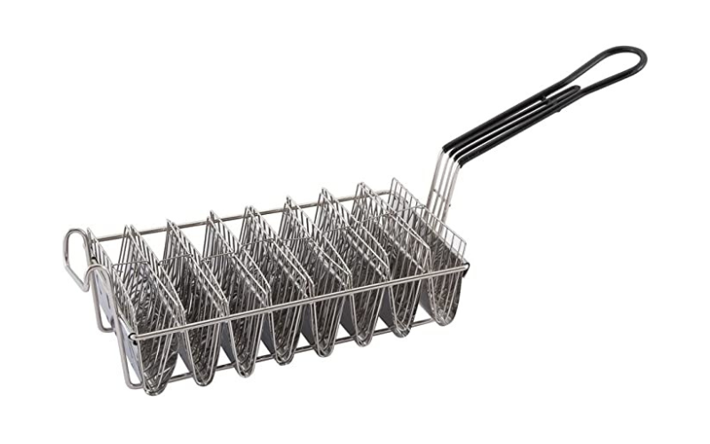 Stainless Steel 8 Taco Holder Fry Basket with Grip Handle and Front Hook for Restaurant