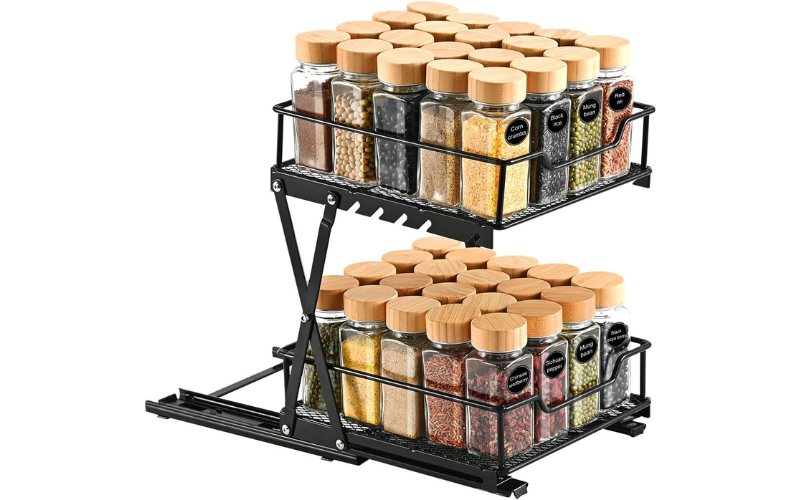 Handcrafted Folded Metal Spice Rack Slide-out 2-Tier Seasoning Organizer for Kitchen Cabinet