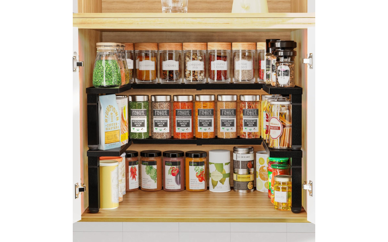 Expandable and Stackable Metal Seasoning Organizer 2 Tier Spice Storage Rack for Cupboard Pantry
