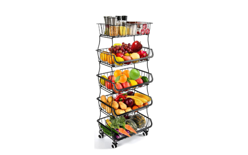 5 Tier Stackable Metal Wire Storage Baskets with Wheels for Home Kitchen Food & Vegetable Organizer