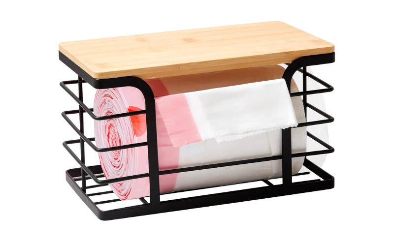 Garbage Bag Holder With Bamboo Top Wire Metal Storage Rack Wall Mount Under Sink for Kitchen