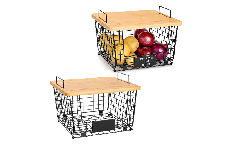 Wire Metal Pantry Organization for Fruit/Vegetable Storage Kitchen Counter Basket with Bamboo Top