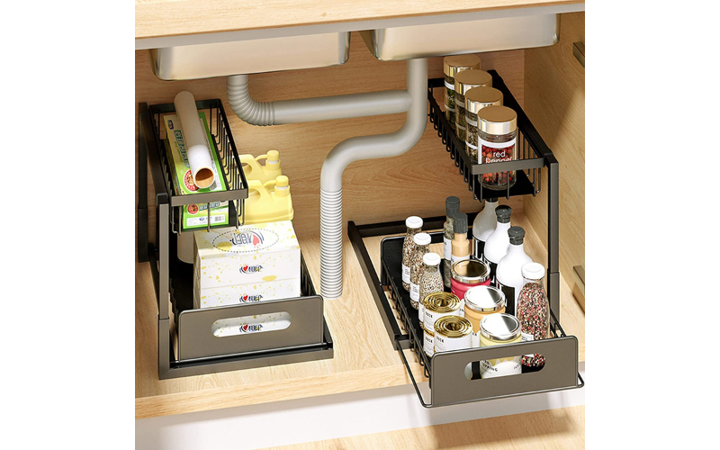 Height Adjustable 2 Tier Pull Out Under-Sink Organizer Sliding Drawer Shelf for Kitchen Cabinet