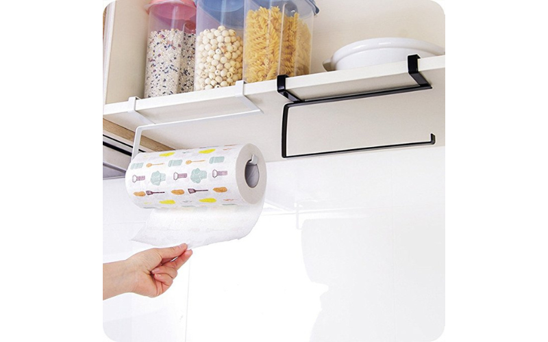 Kitchen Roll Paper Towel Holder Tissue Hanger Under Cabinet With Two Hooks