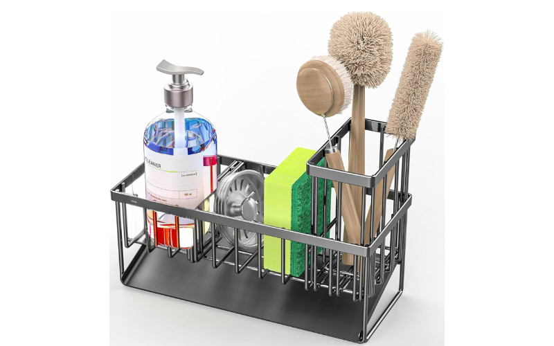 Kitctchen Sink Caddy Sponge Holder with High Brush Holder Wire Organizer Caddy Sink Drainer