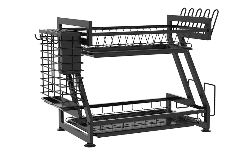 Kitchen Countertop Dish Storage Rack 2-Tier Large Capacity Dish Drainer Rack with Utensil Holder
