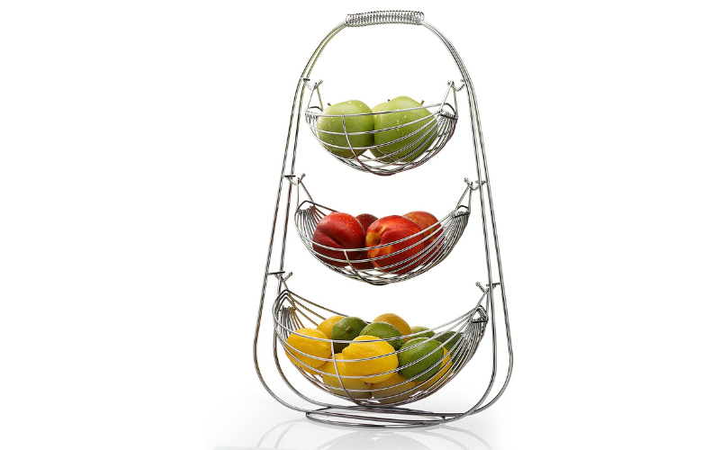 Multi-Tier Stand Fruit Basket – Wrought Wire Metal | Hammock Design & Portable Handle | For Kitchen