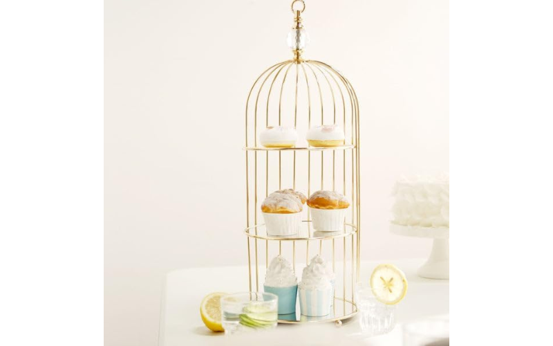 3-Tier Cake Display Stand – Gold Metal & Ceramic Tray | Rustproof & Easy to Clean | Wedding Party
