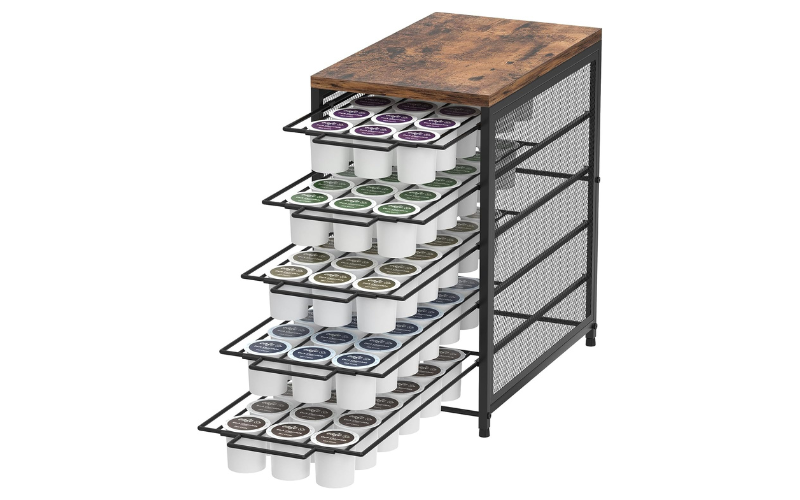 Coffee Capsule Storage Organizer – Metal With Wooden Tray | Drawer Design & Sliding | For Countertop