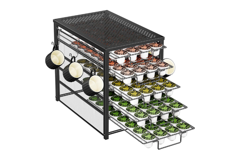 5 Tiers Coffee Pods Holder – Black Metal Chrome Plated | Cup Hooks & Pull-out | Home & Office