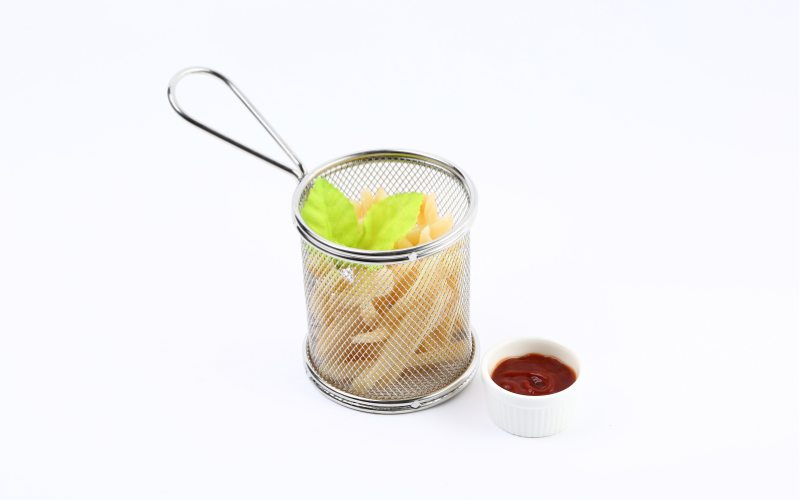 Round Mini Fry Basket – Stainless Steel Mesh | Deep Fry Serving Chip Basket | Kitchen Accessories