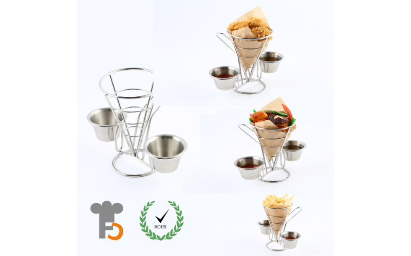 French Fry Cone Holder – Stainless Steel | with Sauce Cups | for Fries Chicken Fingers ( Silver )