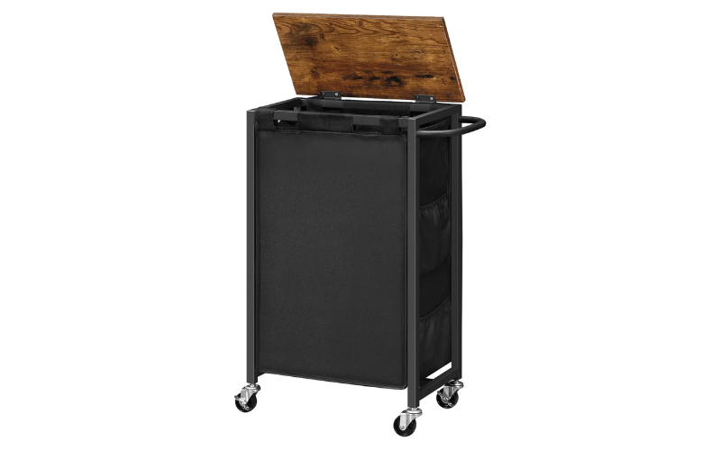 Slim Laundry Hamper with Lid – Metal Frame with Wheels | with Side Pockets and Handle | Space-Saving