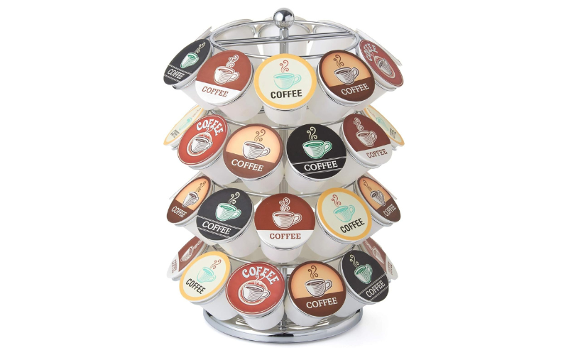 Coffee Pod Carousel Stand – K Cup Holder | 360-Degrees & Modern Chrome Design | for Home & Office
