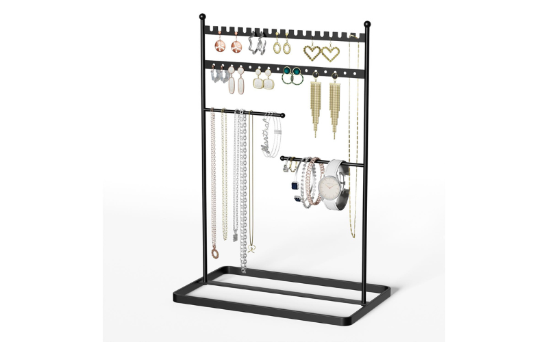 Jewelry Organizer Stand – Black Finish Metal | with Earring Necklace Bracelet Holder | Saving Space