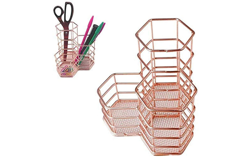 Pen Pencil Holder – Makeup Brush Holder | Gold Hexagon | Women Girls | for Desk Organizer