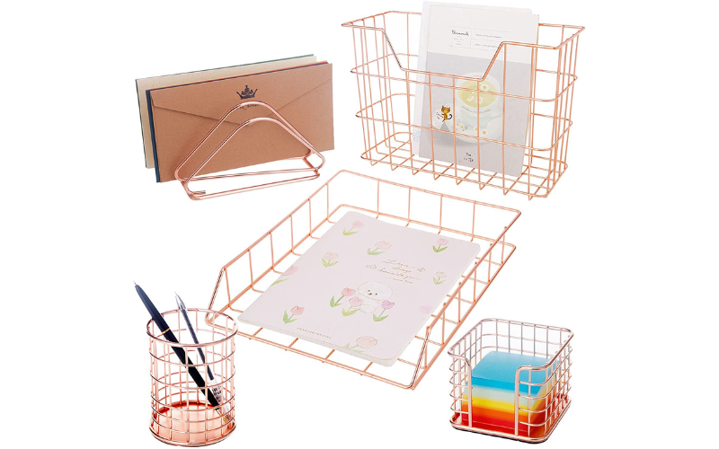 Desk Organizer Set – Rose Gold Wire | 5-Piece Desktop Accessories | for Home or Office 
