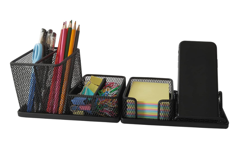 Pen Holder Set – Mesh Desk Organizer | 6 Compartments | Home Office Supplies Caddy ( Black )