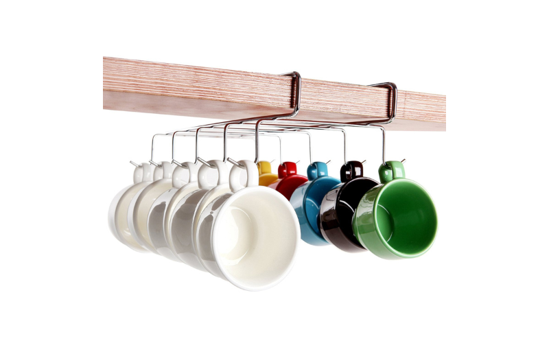 Mug Holder Under Cabinet – Thickness Metal Shelf | 10 Hooks | for Cups Kitchen Utensils Keys Storage