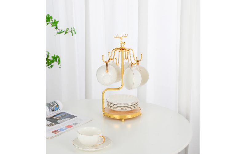 Coffee Mug Tree Holder – Metal Tea Cups Stand | 6 Hooks & Dishes Storage | for Home Counter Office