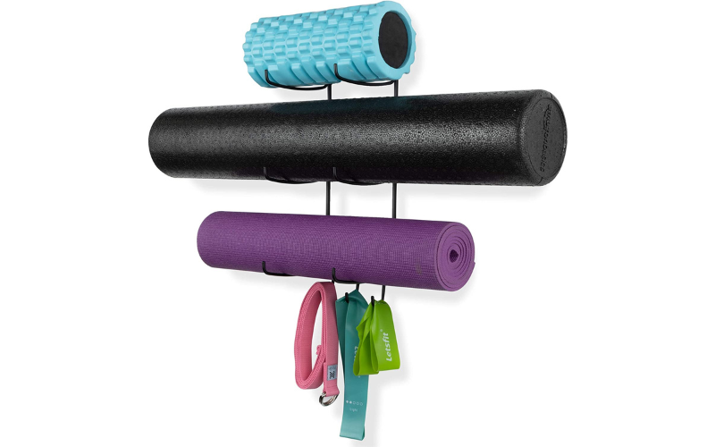 Yoga Mat Holder – Metal with Wooden Top | Wall Mount & 4 Hooks | for Home Gym School Office