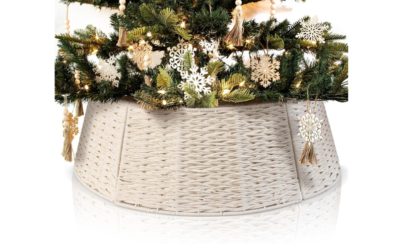Christmas Tree Collar – Woven Cotton Rope Ring | Rustic Farmhouse | for Holiday Home Decor ( White )