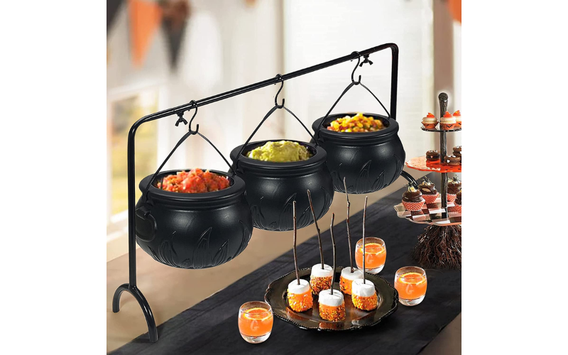 Halloween Black Plastic Cauldron Bowls With Iron Rack | Mini Size | Home Kitchen Candy Holder Decor