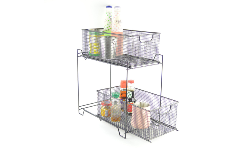 2 Tier Sliding Basket – Mesh Drawer Organizer | Pull-Out | for Makeup & Office & Kitchen ( Silver )