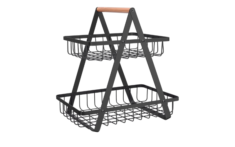 2 Tier Fruit Basket – Metal Wire Organizer | Detachable & Wood Handle | For Fruits Vegetable Storage