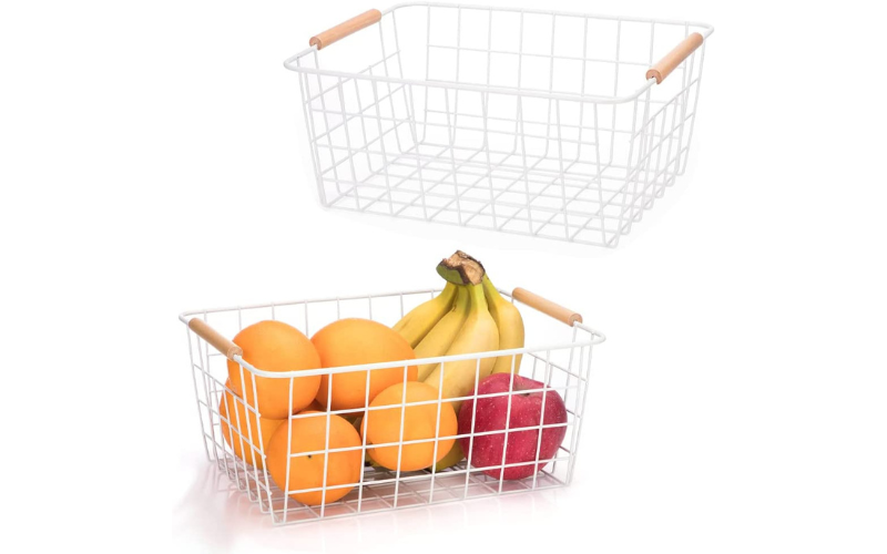 Storage Organizer Baskets – Large White Wire Baskets | Wooden Handles | for Cabinets Closets (White)