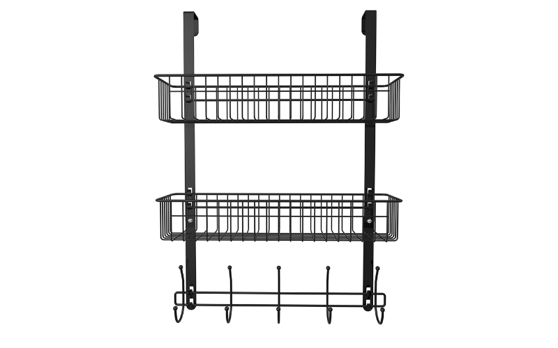 Hanging Storage Shelf – Metal Door Organizer | 2 Tier & 5 Hooks | for Bedroom Bathroom ( Black )