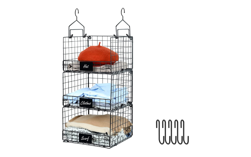 Closet Hanging Organizer – Wire Storage Baskets | 2 Hanging Hooks & 5 S-Hooks | For Clothes