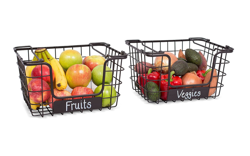 Home Stacking Wire Market Baskets – Metal Storage Bin | Chalk Label | for Kitchen Counter (Black)
