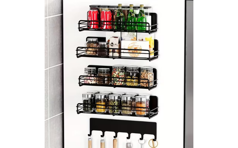 Magnetic Spice Rack Organizer – Magnetic Metal Shelf | Space Saver | With Hooks | for Refrigerator