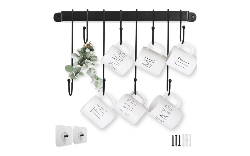 Coffee Mug Holder – Metal Hanging Tea Cup Rack | Wall Mounted & 8 Hooks | for Home Kitchen Cafe Bar
