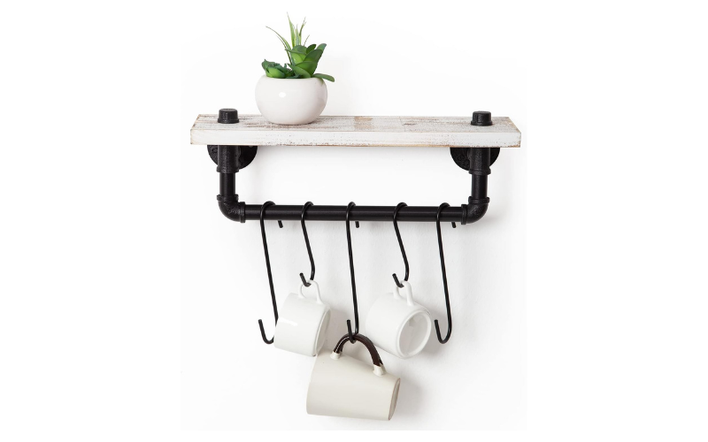 Tea Coffee Cup Rack – Wooden Hanging Shelf | Wall-Mounted & Removable Hooks | For Home Kitchen