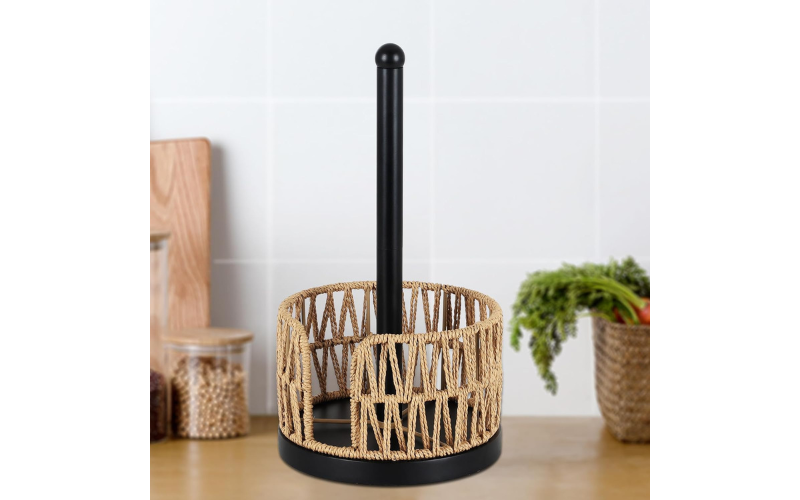 Woven Paper Towel Holder – Freestanding Organizer Shelf | Farmhouse & Heavy Duty | Large Size Rolls