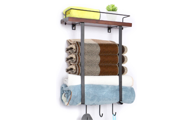Towel Racks Wall Mounted – Metal Towel Holders with Wooden Shelf | 3 Hooks | for Bathroom Storage