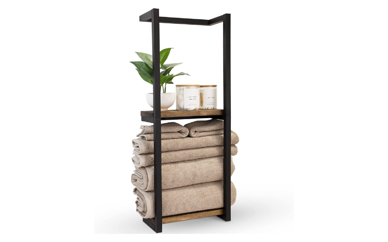 Modern Towel Rack – Metal Towel Holder with Wooden Shelf | Wall Mounted & 3 Tiers | for Bathroom