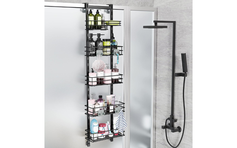 Over the Door Shower Caddy – 5 Tier Black Hanger Organizer | Rustproof | With 4 Hooks (Matte Black)
