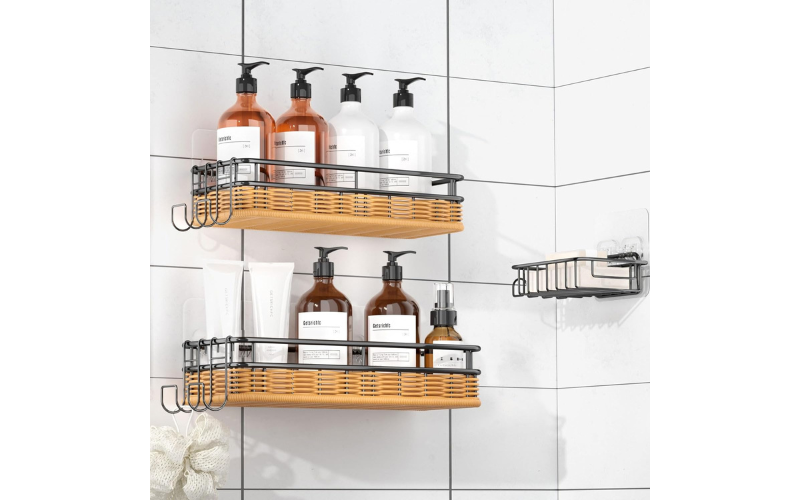 Woven Bathroom Organizer – Hand-made Shower Shelves | Wall Holder for Farmhouse & RV & Apartment