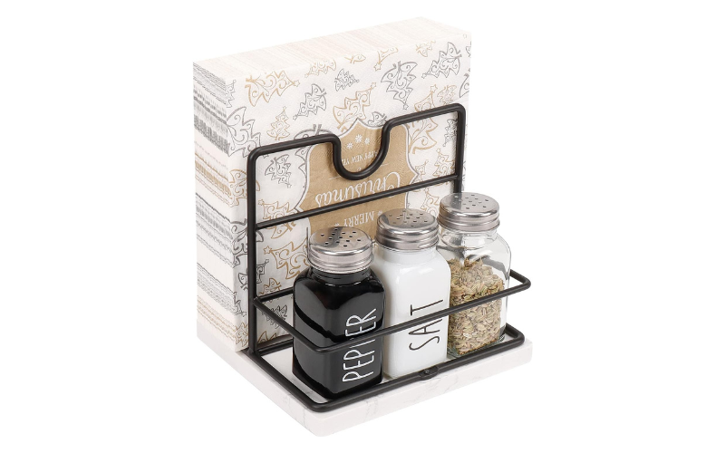 Pepper Shakers Caddy – Metal Napkin Storage with Salt | Wooden Base | for Table Kitchen Countertop