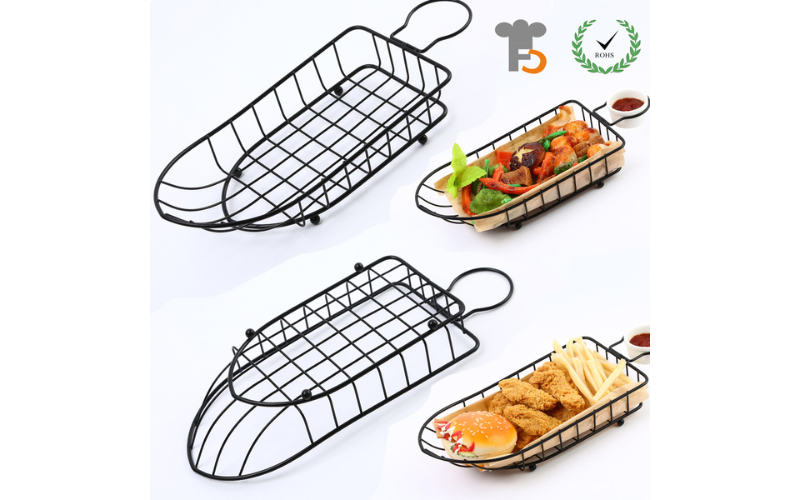 Metal Wire Bread Basket – French Fries Holder | Boat Shaped | Storage Organizer for Party Restaurant