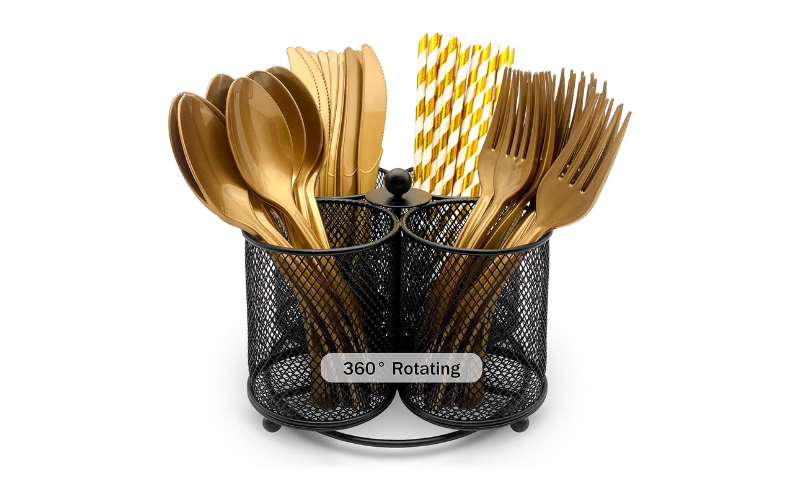 Rotating Utensil Caddy Metal Cutlery Organizer Fork Spoon Plastic Flatware Holder for Countertop